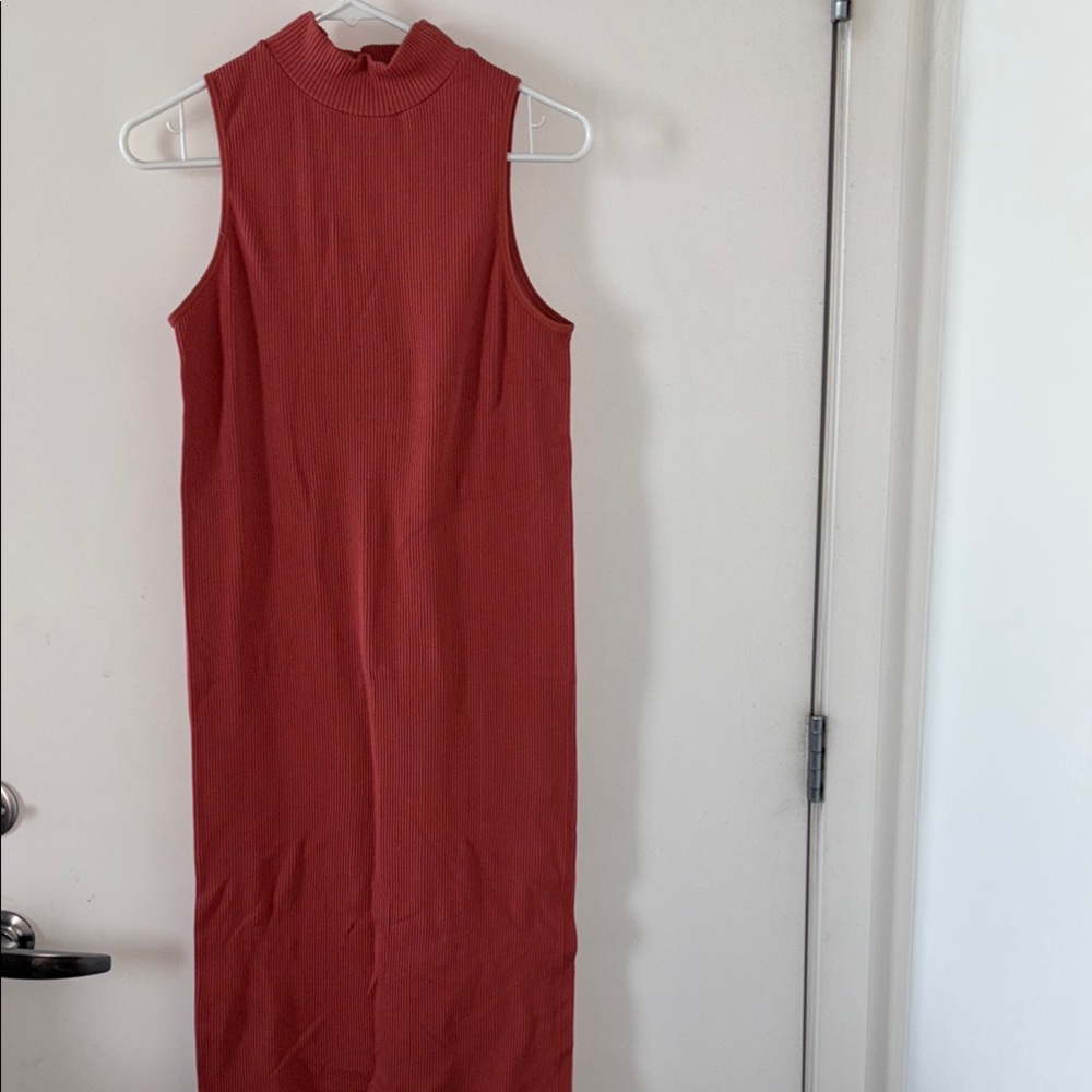 No Boundaries Brown Sheath Midi Dress Mock Neck